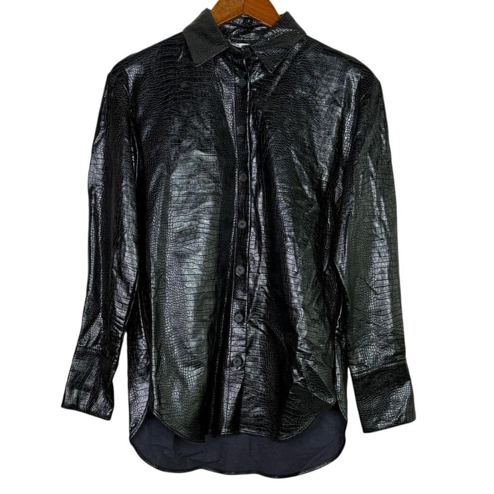 NWT Zara Oversized Faux Leather Longsleeve Shirt Jacket Shacket XS Black #3950